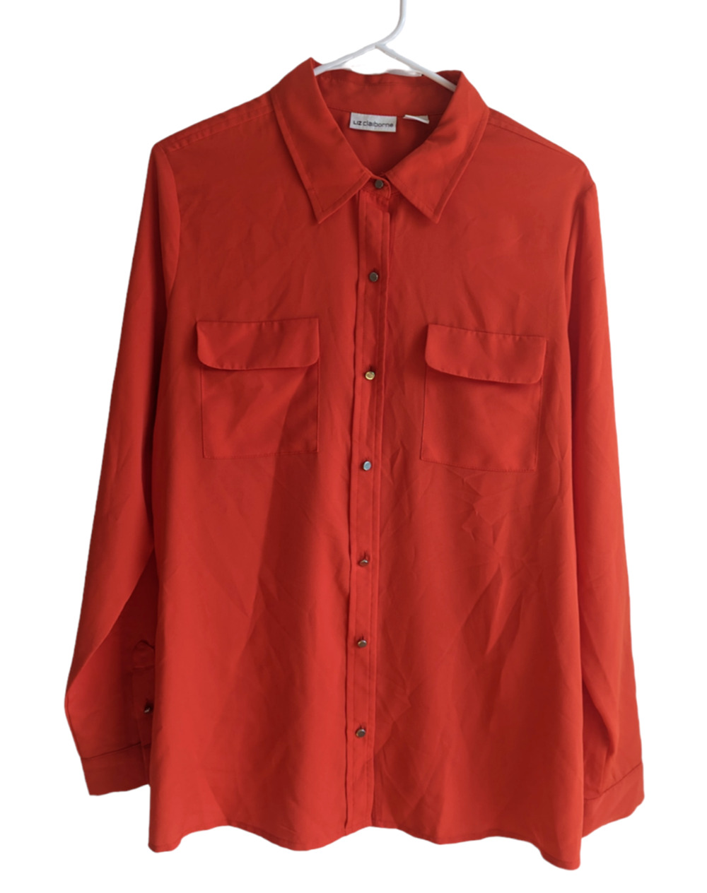 Liz Claiborne Womens Top Size Large Bright Orange Button Up Collared Solid Shirt